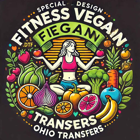 Vibrant vegan lifestyle transfer design with fresh fruits, vegetables, and a healthy living theme, perfect for fitness apparel by Ohio Transfer.