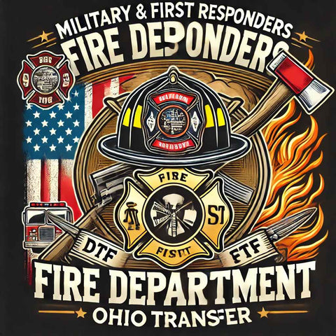 Firefighter transfer design featuring a helmet, fire flames, and fire department symbols, honoring bravery, perfect for DTF transfers by Ohio Transfer.