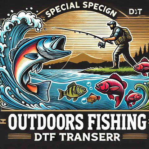 Dynamic fishing transfer design featuring a fisherman casting a line with vibrant water elements and fish, perfect for DTF transfers by Ohio Transfer.