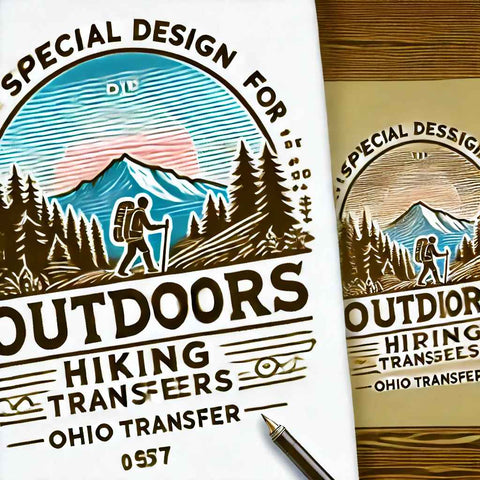 Explorative hiking transfer design showcasing a hiker on a nature trail with trees and mountains, perfect for outdoor-themed apparel by Ohio Transfer.