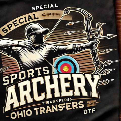 Archery transfer design featuring an archer aiming at a target with arrows in flight, highlighting precision and focus, ideal for DTF printing by Ohio Transfer."