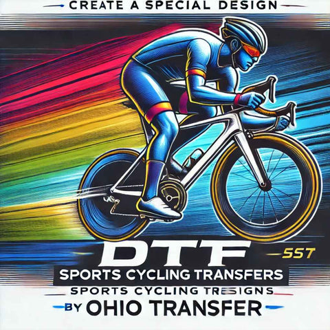 Cycling transfer design featuring a cyclist in motion with dynamic speed lines and vibrant colors, evoking the energy of cycling, ideal for DTF transfers by Ohio Transfer.