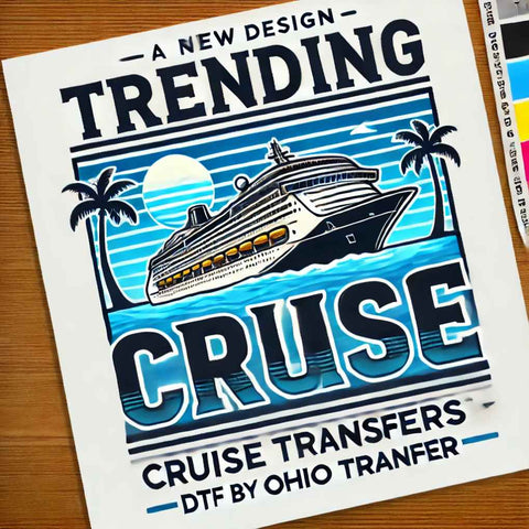 Cruise transfer design featuring a cruise ship on vibrant waves with tropical elements, evoking a sense of adventure and relaxation, perfect for DTF transfers by Ohio Transfer